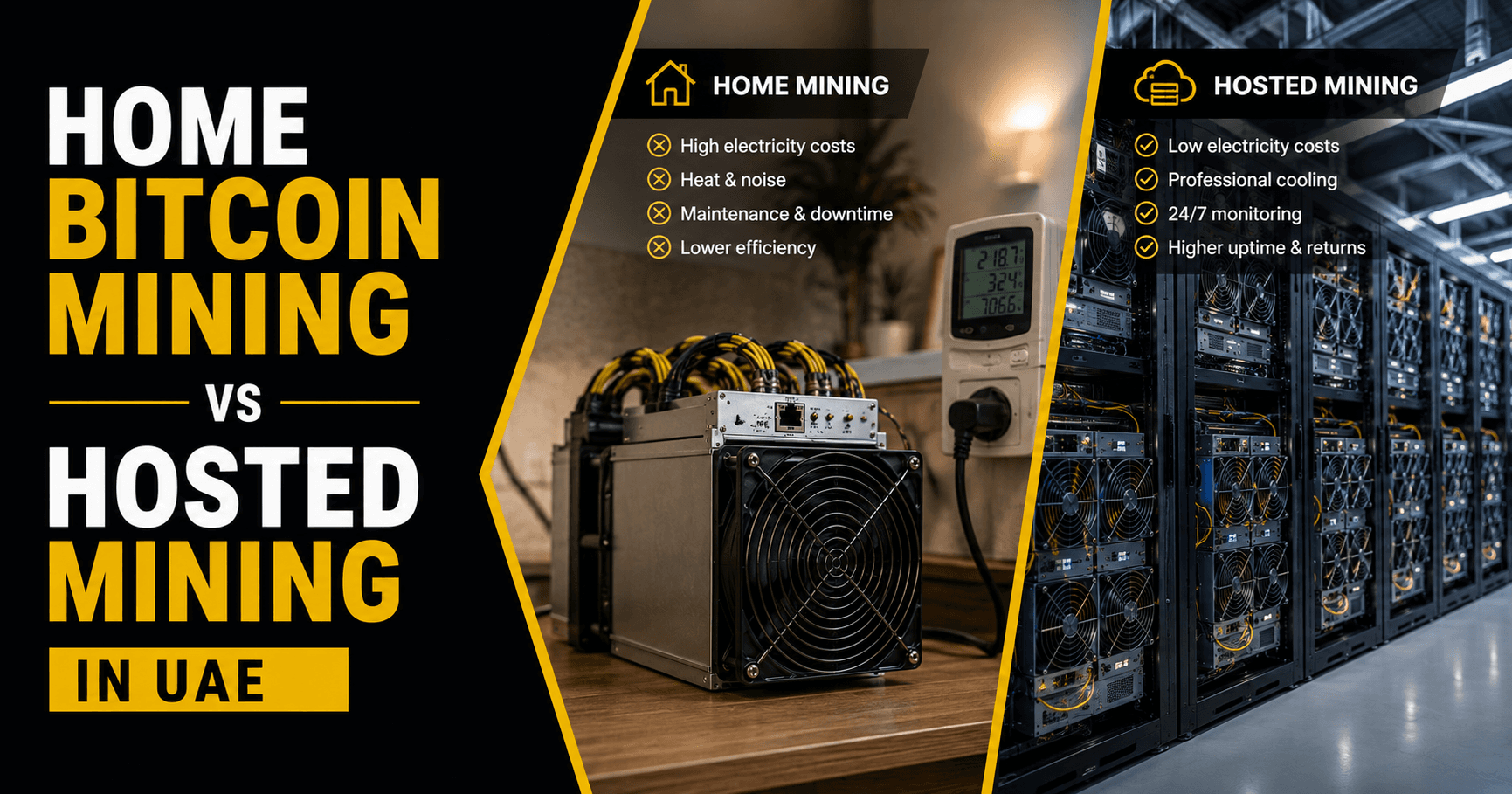 Home Bitcoin Mining vs Hosted Mining in UAE: Which Is Better? (2026)